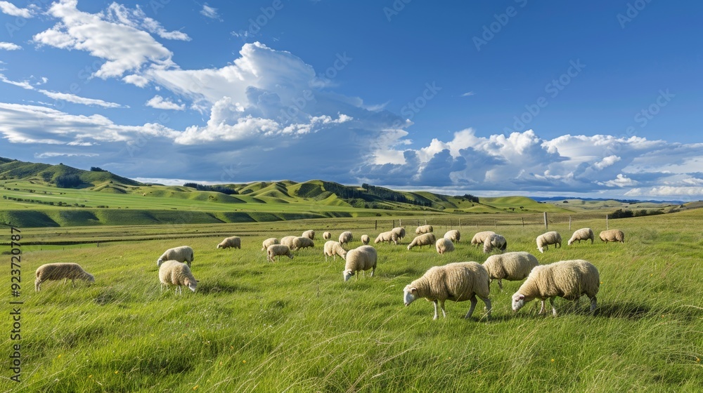 A picturesque scene of sheep grazing on lush green grass under a bright blue sky with dramatic clouds and rolling hills in the background. A picturesque scene of sheep grazing on lush green grass under a bright blue sky with dramatic clouds and rolling hills in the background.
