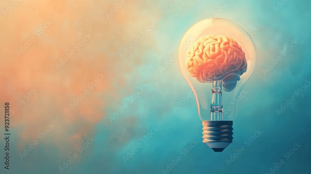 A light bulb containing a brain symbolizes the creative and intellectual power of ideas, blending innovation with cognitive thought against a dreamy, colorful background.