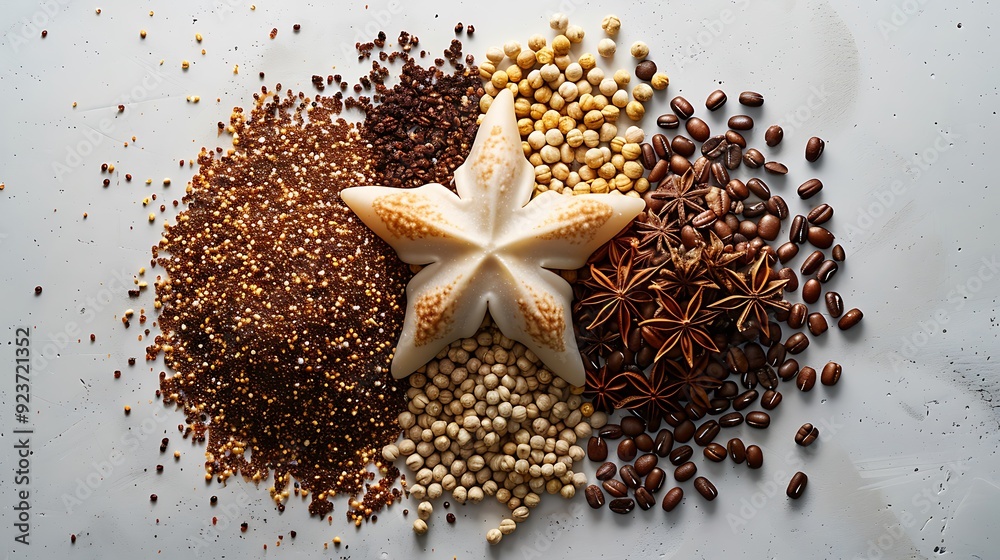 An overhead shot of different grains arranged in the shape of a star on a white surface, with bright, even lighting emphasizing the contrast and details of each grain. Photorealistic, detailed, An overhead shot of different grains arranged in the shape of a star on a white surface, with bright, even lighting emphasizing the contrast and details of each grain. Photorealistic, detailed,