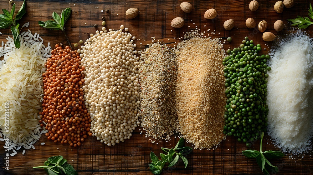 Obraz premium An overhead shot of different grains arranged with fresh herbs and spices on a wooden surface, with bright, even lighting emphasizing the contrast and details of each ingredient. Photorealistic,