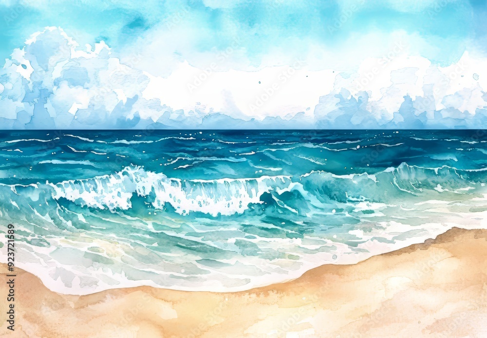 A summer tropical beach with golden sand and waves is depicted by a hand drawn watercolor illustration. The tropical sea has a turquoise color. A summer tropical beach with golden sand and waves is depicted by a hand drawn watercolor illustration. The tropical sea has a turquoise color.