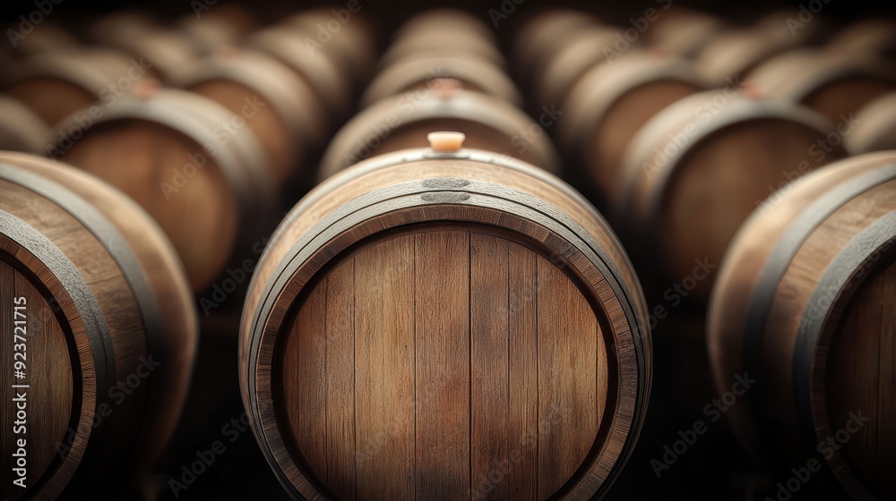 Numerous wooden barrels lined up in a storage cellar, their wooden surfaces showcasing the aging process of quality beverages, evoking a sense of tradition and craftsmanship. Numerous wooden barrels lined up in a storage cellar, their wooden surfaces showcasing the aging process of quality beverages, evoking a sense of tradition and craftsmanship.