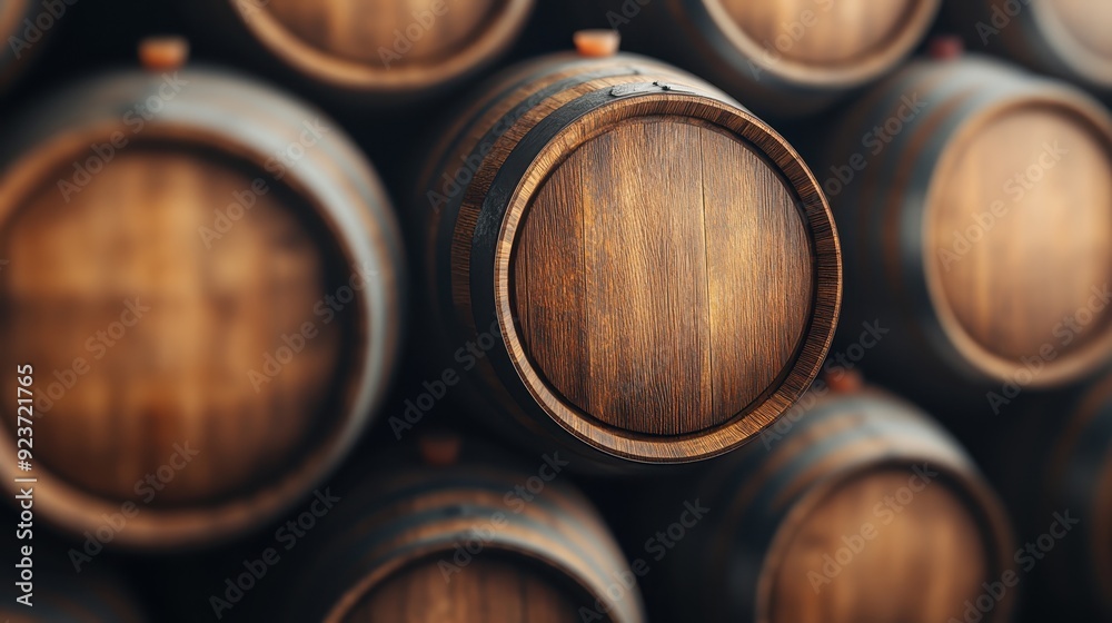 Wooden barrels stacked in a storage area, showcasing traditional craftsmanship. This image symbolizes aging and preservation, invoking a sense of history and quality. Wooden barrels stacked in a storage area, showcasing traditional craftsmanship. This image symbolizes aging and preservation, invoking a sense of history and quality.