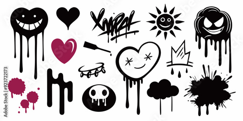 Spray graffiti element vector set, can brush drip splatter smiling kit, urban street black grunge. Hand writing stain splash, heart silhouette airy ink stroke and circles. Spray graffiti dark clipart
