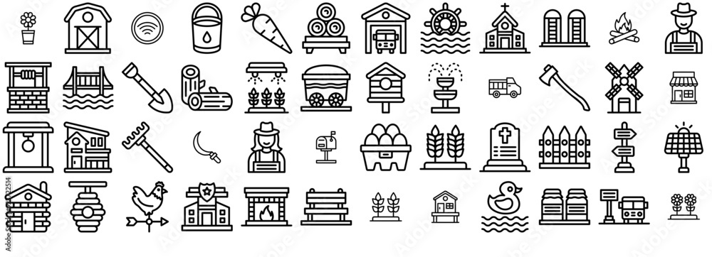 A Collection Of In The Village Vector Symbols Apps, Websites Ui Designs Suitable For Farming-And-Gardening,Gardening,Nature,Construction-And-Tools,Village Set Vector Flat Line Icons A Collection Of In The Village Vector Symbols Apps, Websites Ui Designs Suitable For Farming-And-Gardening,Gardening,Nature,Construction-And-Tools,Village Set Vector Flat Line Icons