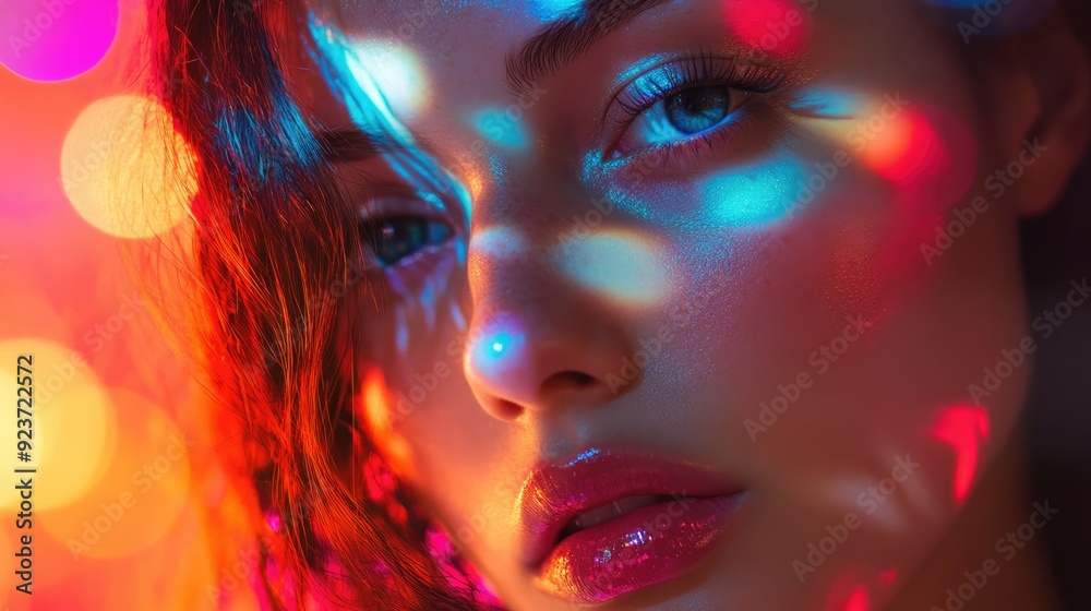 Close-up of a woman face, with a disco ball casting dazzling reflections around her, set against a vibrant and energetic party backdrop.