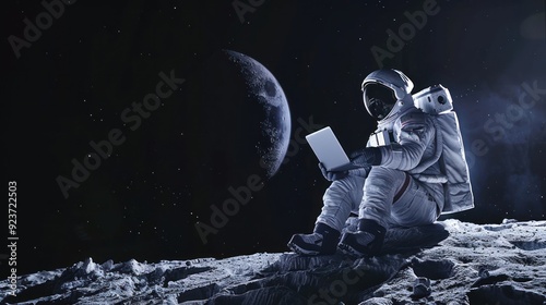 Astronaut Working on Laptop on the Moon
