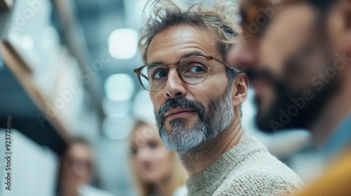 A composed bearded man with glasses provides an intense side-glance in a brightly lit indoor setting, suggesting focus and contemplation within a modern atmosphere. photo