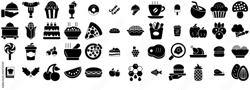 Set Of Food Glyph Icons Silhouette Vector Logo Design Containing Food,Healthy,Dessert,Fruit,Meal Solid Icon Collection. Vector Illustration Set Of Food Glyph Icons Silhouette Vector Logo Design Containing Food,Healthy,Dessert,Fruit,Meal Solid Icon Collection. Vector Illustration