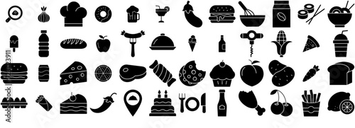 Set Of Linear Food Glyph Icons Isolated Silhouette Solid Icons With Bakery,Junk-Food,Fast-Food,Healthy-Food,Food Vector Icons Illustration Collection
