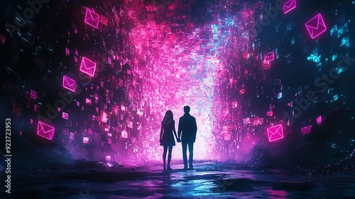 A couple stands hand in hand amid vibrant pink and purple lights, symbolizing connection and digital communication.