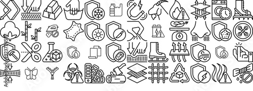 Set Of Fabric Features Materials Icons Silhouette Vector Logo Design Containing Fiber,Fabric,Protection,Recycling,Protector Stroke Icon Collection. Vector Illustration