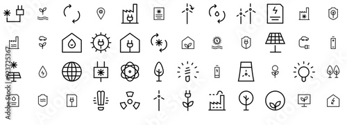 Set Of Linear Ecology Thin Icons Web Header Banner Design Containing Energy,Power,Solar-Energy,Nature,Force Vector Illustration Linear Pictogram Pack