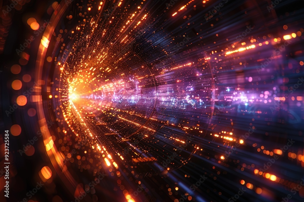 Fototapeta premium Abstract Digital Tunnel of Blurry Lights and Glowing Particles