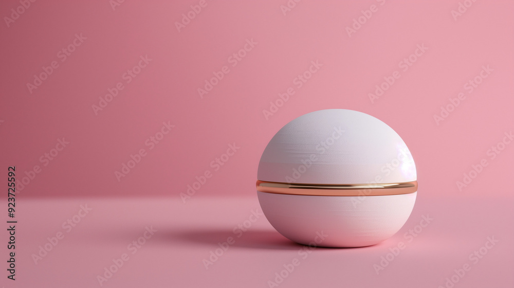 Fototapeta premium Minimalist Elegance: A white sphere adorned with a gold band graces a soft pink backdrop, embodying minimalist beauty and sophistication. 