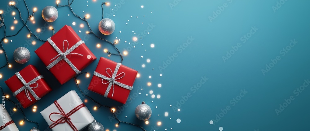 Christmas cards, banners, frames and banners. Black and white ornaments, presents and ornaments on blue background. Winter holiday theme. Flat lay. Christmas cards, banners, frames and banners. Black and white ornaments, presents and ornaments on blue background. Winter holiday theme. Flat lay.