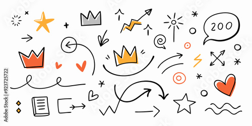 Doodle sketch element set, vector hand drawn graphic line shapes, arrow, hearts, underline. Simple squiggle kit, crown, stars, vignetting speech bubble, grunge scribble. Ink doodle element, check mark