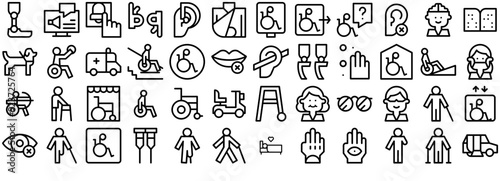 Set Of Disability Icons Silhouette Vector Logo Design Containing Accessibility,Disabled,Mobility-Aid,Disability,Wheelchair Vector Icon Set Linear Pictogram Pack