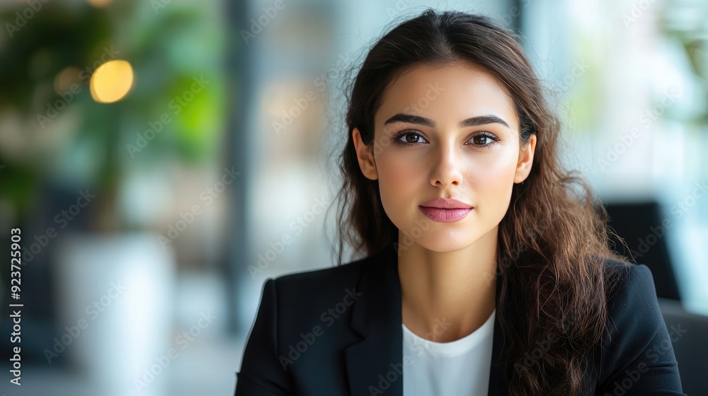 Focused image of a female candidate, dressed professionally, in a corporate setting, preparing mentally for her job interview, representing the recruitment process. Focused image of a female candidate, dressed professionally, in a corporate setting, preparing mentally for her job interview, representing the recruitment process.
