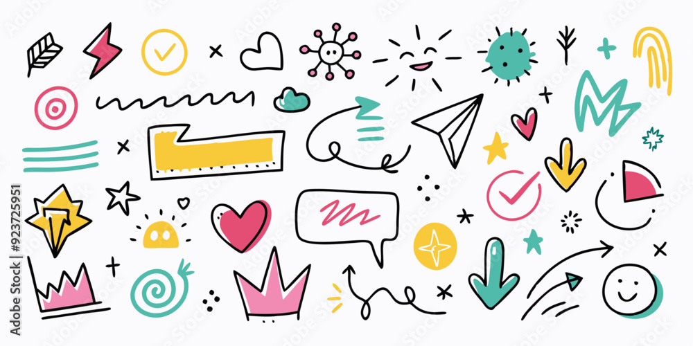 Doodle sketch element set, vector hand drawn graphic line shapes, arrow, hearts, underline. Simple squiggle kit, crown, stars, vignetting speech bubble, grunge scribble. Ink doodle element, check mark Doodle sketch element set, vector hand drawn graphic line shapes, arrow, hearts, underline. Simple squiggle kit, crown, stars, vignetting speech bubble, grunge scribble. Ink doodle element, check mark