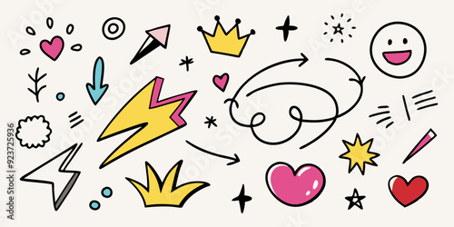 Doodle sketch element set, vector hand drawn graphic line shapes, arrow, hearts, underline. Simple squiggle kit, crown, stars, vignetting speech bubble, grunge scribble. Ink doodle element, check mark