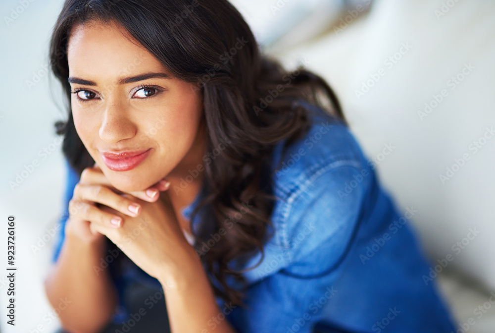 Portrait, relax and woman in house, happiness and resting with confidence, weekend break and calm in lounge. Face, person on couch and girl in living room, apartment or chilling with positive smile Portrait, relax and woman in house, happiness and resting with confidence, weekend break and calm in lounge. Face, person on couch and girl in living room, apartment or chilling with positive smile