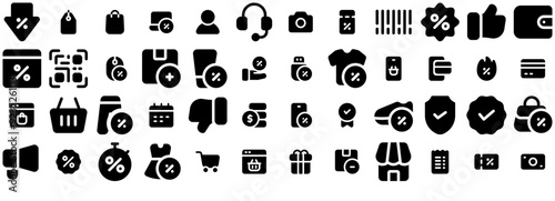 Set Of Cyber Monday Glyph Isolated Silhouette Solid Icons With Commerce-And-Shopping,Online-Shop,Shopping,Discount,Shopping-Cart Vector Icon Set Linear Pictogram Pack