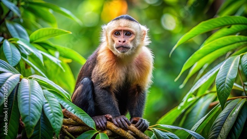 Vibrant capuchin monkey sits on a tree branch, surrounded by lush green foliage, showcasing its agility and natural habitat in the tropical rainforest ecosystem. photo