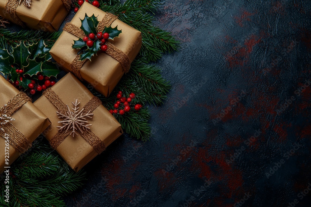 Top view of Christmas handmade craft paper gift boxes. Winter xmas holiday theme. Happy New Year. Flat lay. Twinkle glitter bokeh light. Top view of Christmas handmade craft paper gift boxes. Winter xmas holiday theme. Happy New Year. Flat lay. Twinkle glitter bokeh light.