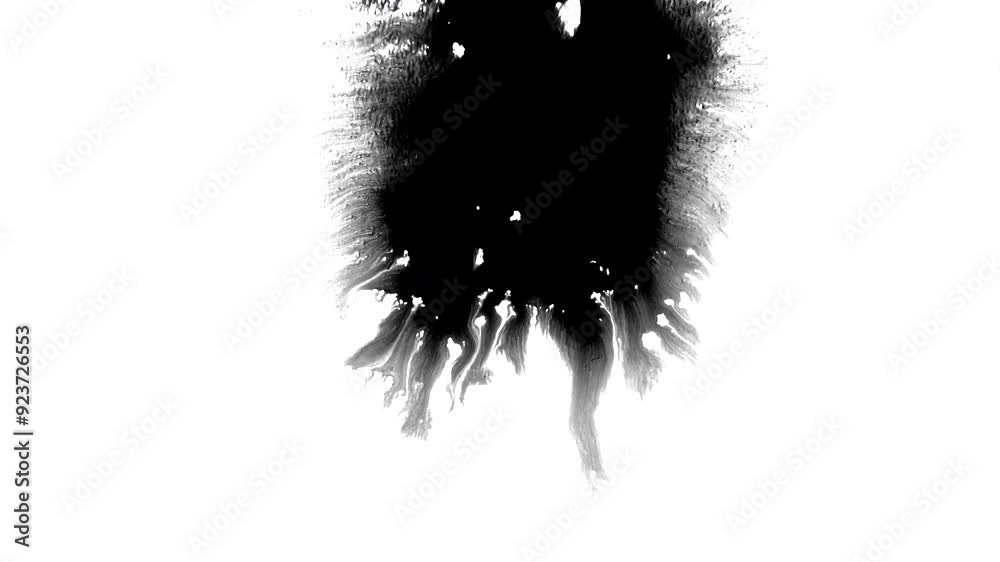 Black ink artistic top down flow splatter spots spills white paper beautiful reveal dripping streaks spread fluid ink alpha matte isolated watercolor ink drops transition	
