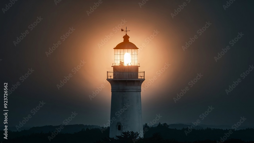 A picture of a lighthouse in the middle of the dark night with the light of the lighthouse shining brightly. A picture of a lighthouse in the middle of the dark night with the light of the lighthouse shining brightly.
