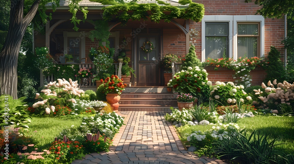 A charming brick house with a lush front yard A charming brick house with a lush front yard