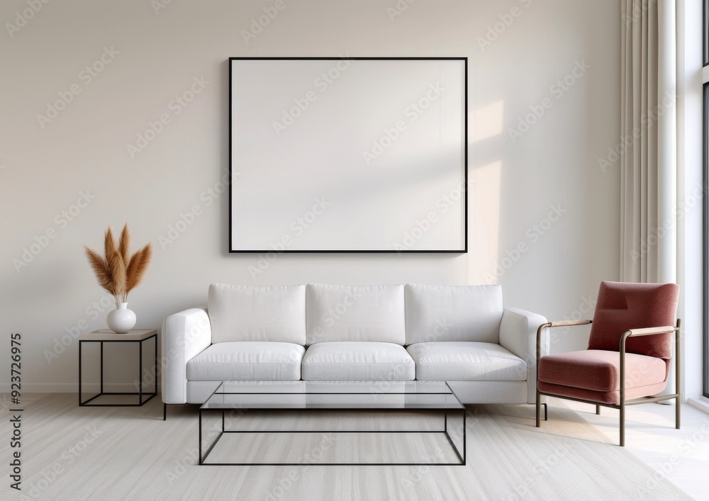 black square frame hanging on the wall of an elegant living room. The interior is white and beige