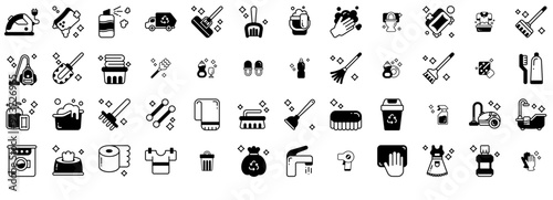 A Collection Of Cleaning Icon Isolated Silhouette Solid Icons With Brush,Recycling,Tissue,Trash-Can,Cleaning Pictograms And Infographics Design Elements Vector Illustration