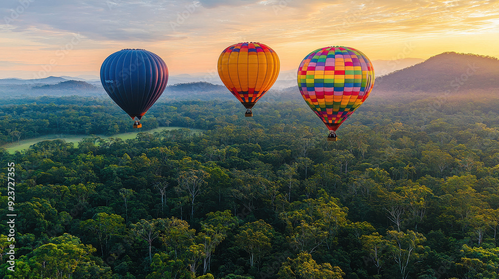 Naklejka premium Three vividly colored hot air balloons float above a dense forest as the sun rises, painting the sky and their surroundings in soft, warm hues.