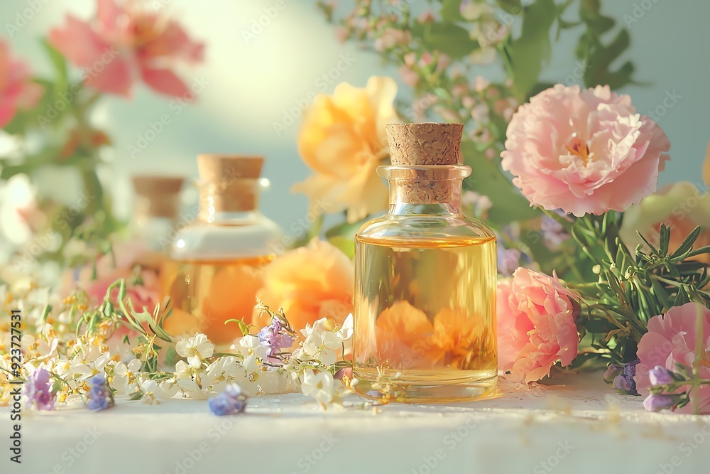 Beautiful floral arrangement with glass perfume bottles and colorful flowers, conveying freshness and elegance in a serene setting. Beautiful floral arrangement with glass perfume bottles and colorful flowers, conveying freshness and elegance in a serene setting.