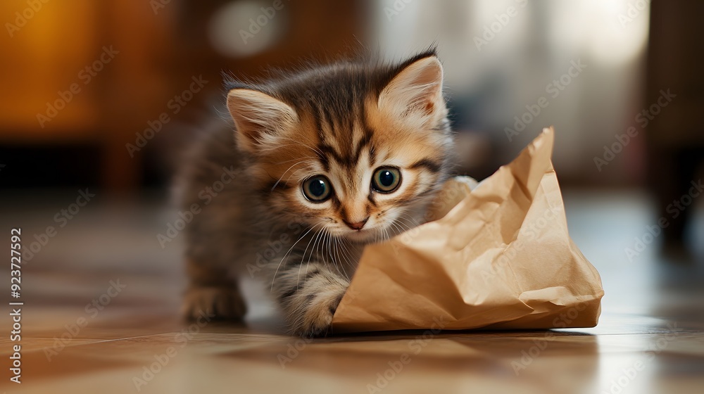 Kitten playing with a paper bag on the kitchen floor Kitten playing with a paper bag on the kitchen floor