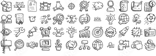 Set Of Business Success Career Doodle Icons Web Header Banner Design Containing Business,Money,Work,Finance Business Infographic Elements Logo Vector Illustration