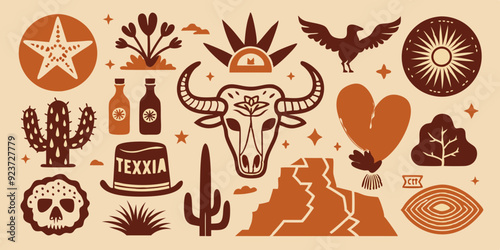 Linocut western boho set, Texas desert engraving print collection, vector canyon wildlife, cactus. Texture grunge Arizona rodeo graphics, bull, horse, snake, skull silhouette. Mystic linocut western