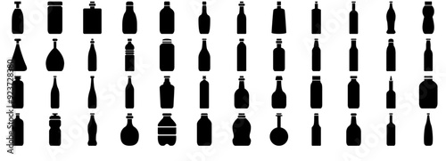 Set Of Bottle Glyph Isolated Silhouette Solid Icons With Coke,Sampagne,Mineral-Water,Bottle,Perfume Pictograms And Infographics Design Elements Vector Illustration