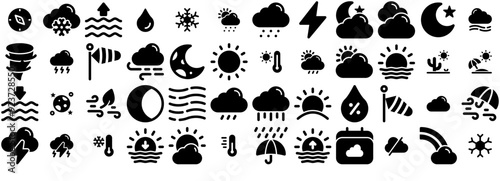 Set Of Linear Basic Weather Solid Icons Web Header Banner Design Containing Sun,Weather,Forecast,Rain,Cloud Vector Icons Illustration Collection