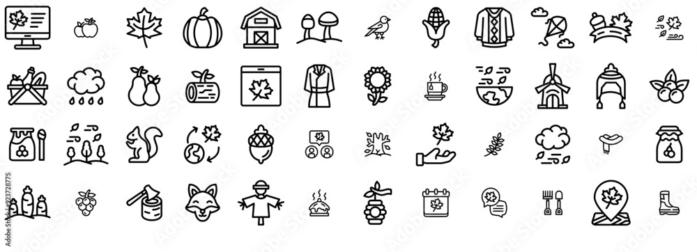 Set Of Linear Autumn Outline Vector Symbols Apps, Websites Ui Designs Suitable For Maple,Autumn,Season,Food,Nature Set Vector Flat Line Icons Set Of Linear Autumn Outline Vector Symbols Apps, Websites Ui Designs Suitable For Maple,Autumn,Season,Food,Nature Set Vector Flat Line Icons
