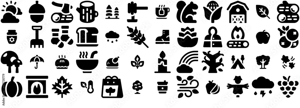 A Collection Of Autumn Solid Icons Silhouette Vector Logo Design Containing Nature,Fall,Autumn,Weather,Food Infographic Simple Vector Illustration Logo