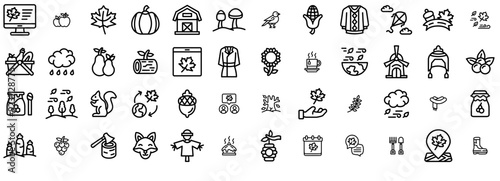 Set Of Linear Autumn Outline Vector Symbols Apps, Websites Ui Designs Suitable For Maple,Autumn,Season,Food,Nature Set Vector Flat Line Icons