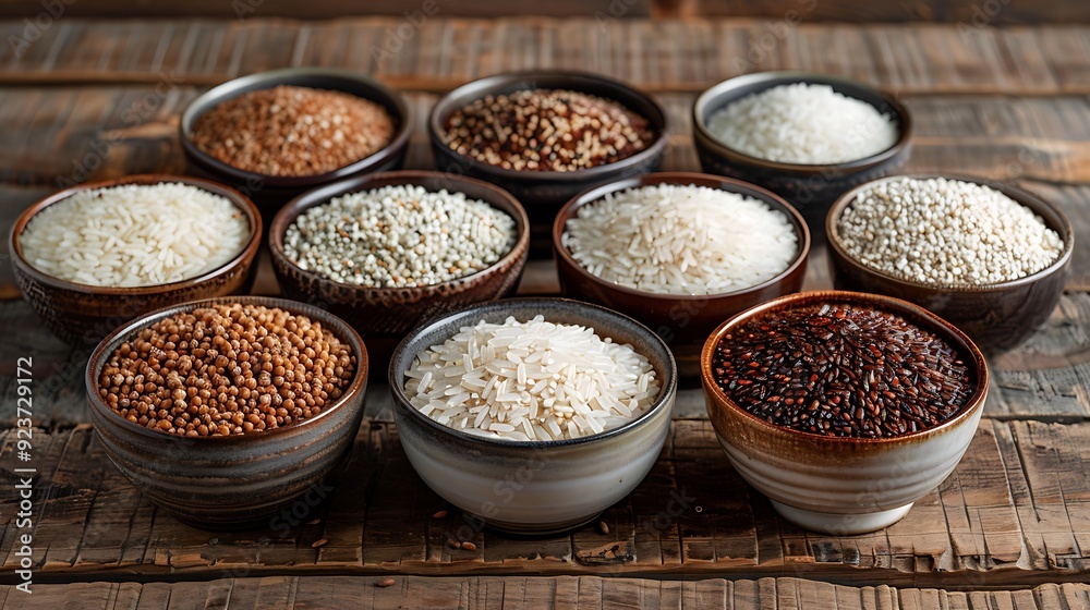 Elegant ceramic bowls filled with a variety of grains like rice, barley, and quinoa, arranged in a symmetrical pattern on a rustic wooden table, Elegant ceramic bowls filled with a variety of grains like rice, barley, and quinoa, arranged in a symmetrical pattern on a rustic wooden table,