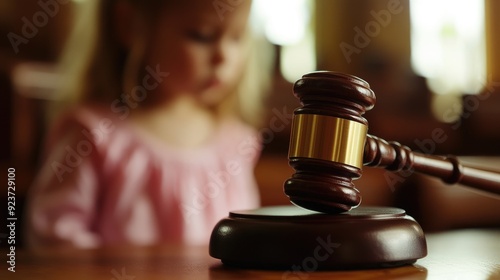 Judge gavel in focus with a blurred child behind it, highlighting the sensitive nature of child custody and family law issues.