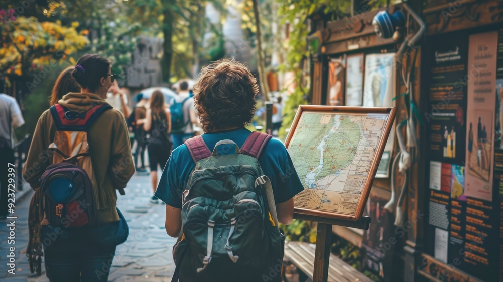 tourist hotspot where visitors gather around a map on a wooden signboard, eagerly planning their sightseeing itinerary. tourist hotspot where visitors gather around a map on a wooden signboard, eagerly planning their sightseeing itinerary.