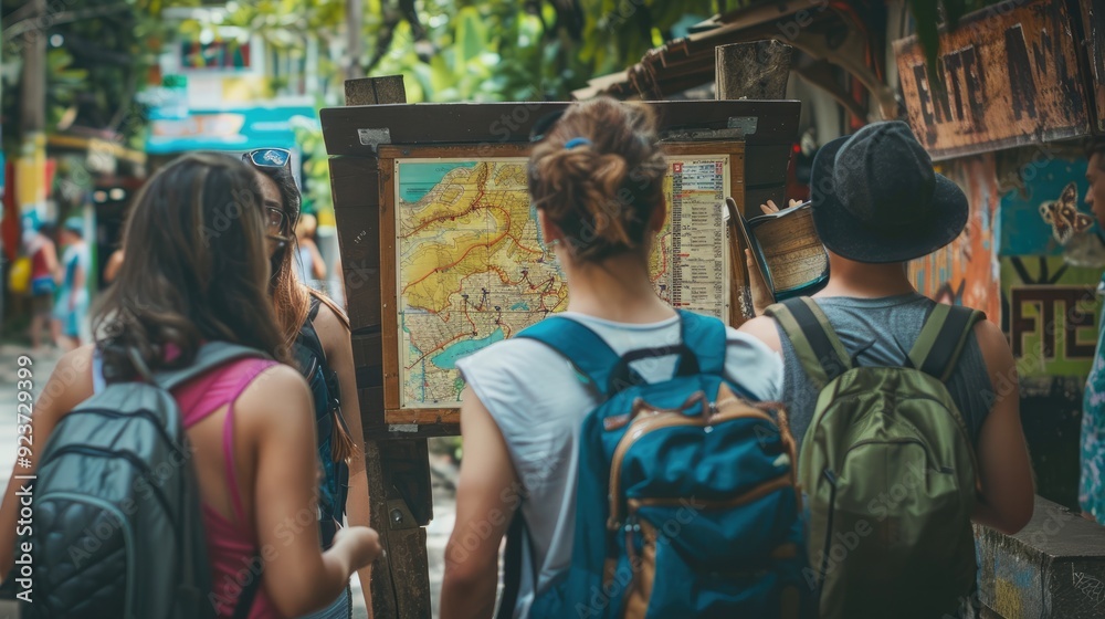 tourist hotspot where visitors gather around a map on a wooden signboard, eagerly planning their sightseeing itinerary. tourist hotspot where visitors gather around a map on a wooden signboard, eagerly planning their sightseeing itinerary.