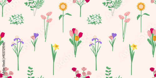 Seamless pattern with flowers and plants. spring summer background template.Botanical collection with flowers, leaves, floral bouquets, flower compositions.Vector illustration EPS10