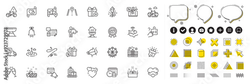 Set of Dog leash, Event click and Father day line icons for web app. Design elements, Social media icons. Fishing rod, Present, Home grill icons. Vector